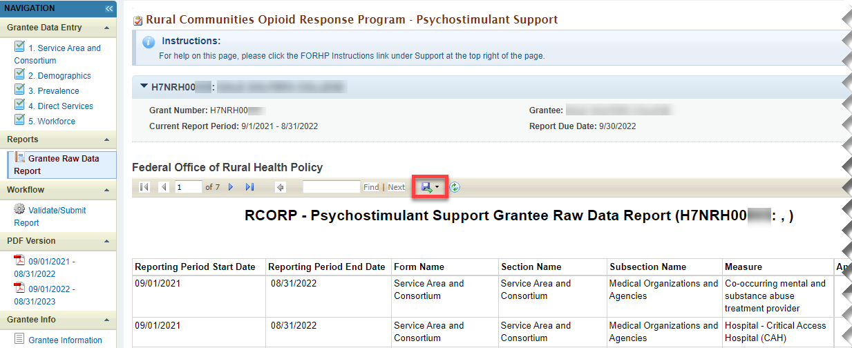 Screenshot highlighting the Grantee Raw Data page and export button