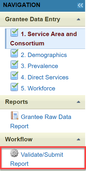 Screenshot of Validate and Submit Report link highlighted in the Left Navigation bar.