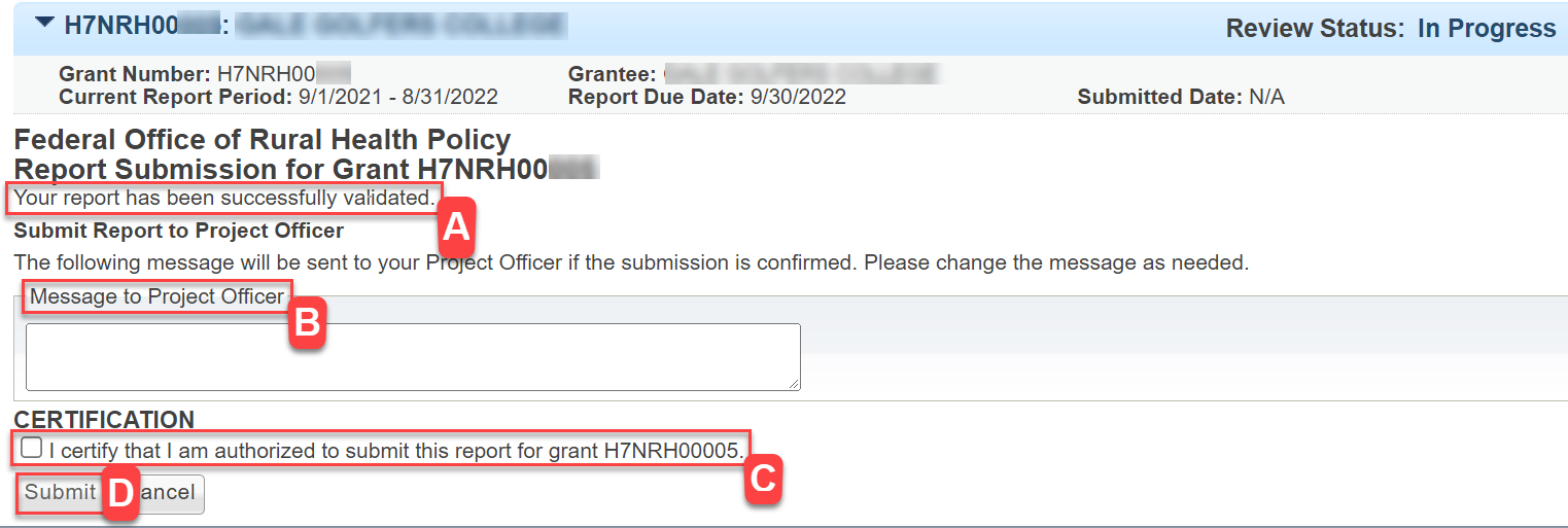 Screenshot of highlighted Submission Validation confirmation message and Certification and Submit buttons.