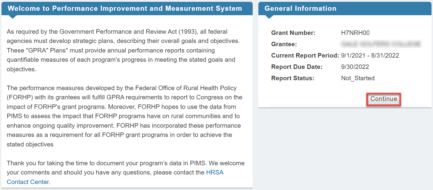 Screenshot of the PIMS Welcome page highlighting the Continue Button.