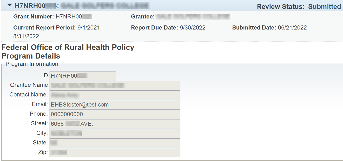 Screenshot of the Grantee read only information page.