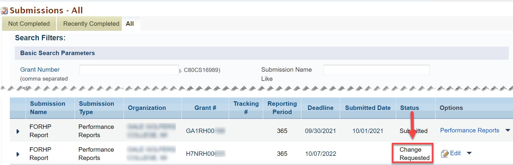 Screenshot of Submissions All page highlighting Change Requested.