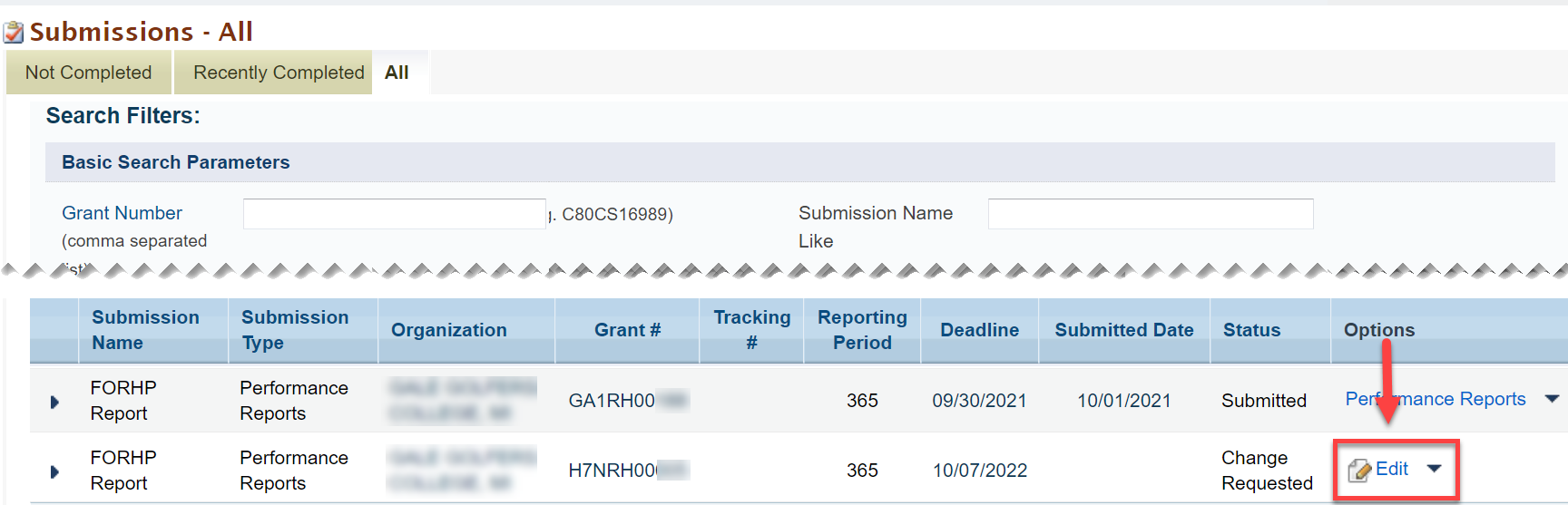 Screenshot of the Submissions All page highlighting the Edit link.