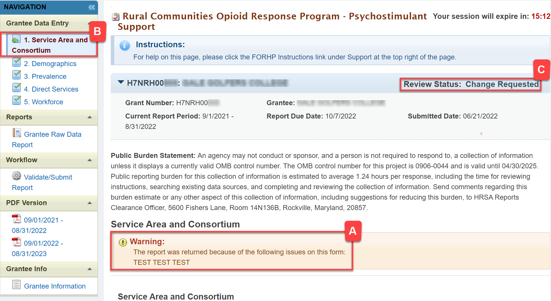 Screenshot of Grantee Data Entry Section highlighting Return Request Warning Message, Review Status, and Left Navigation bar.