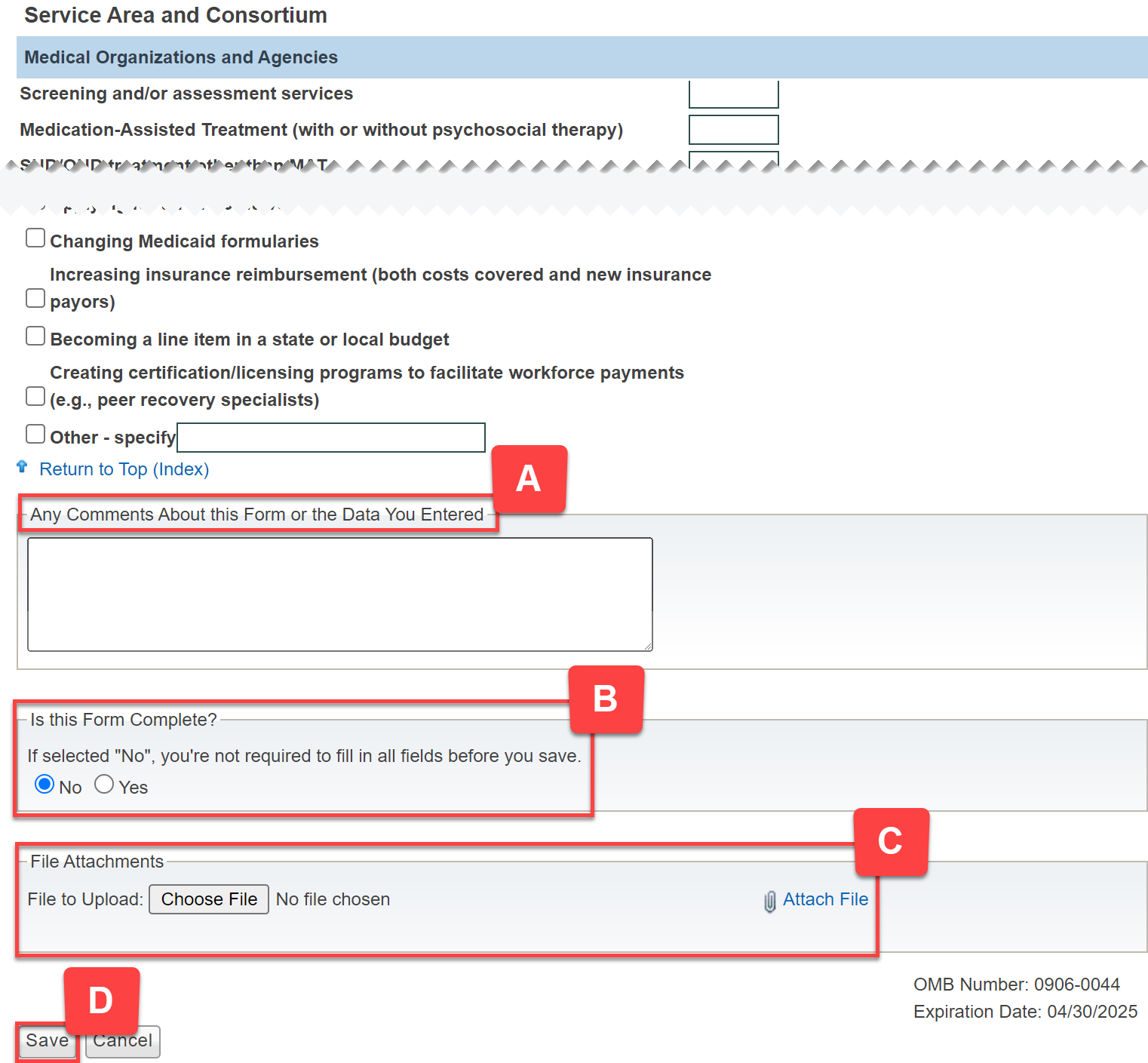 Screenshot highlighting comment section, complete checkbox, choose file and Save buttons,