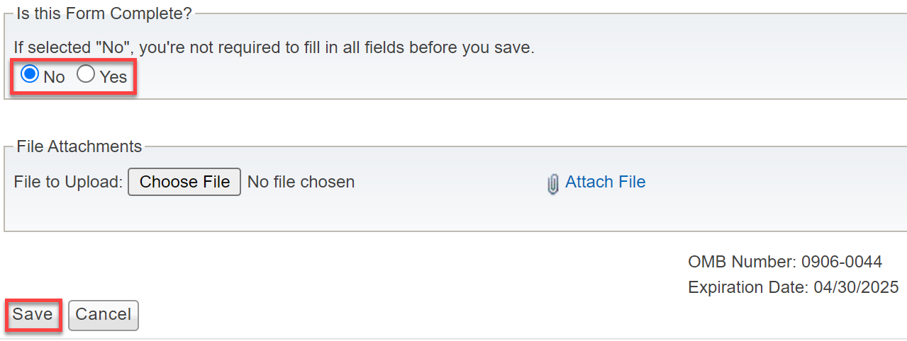 Screenshot highlighting Form Complete and Save buttons