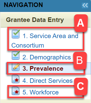 Screenshot of Left Navigation Bar highlighting different statuses.