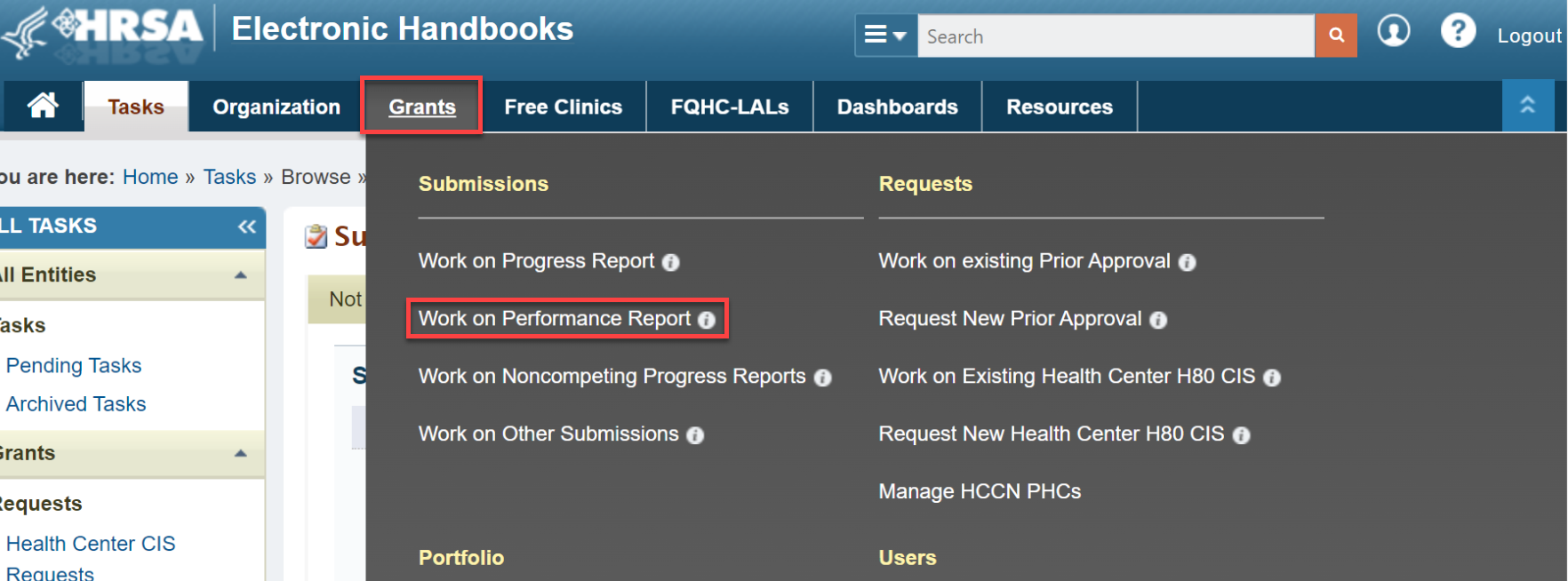 Screen shot of the Grants tab menu highlighting the Work on Performance Report selelction.