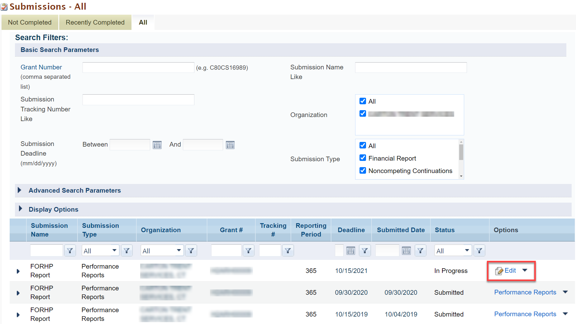 Screenshot of the Submissions All page highlighting the Edit button.