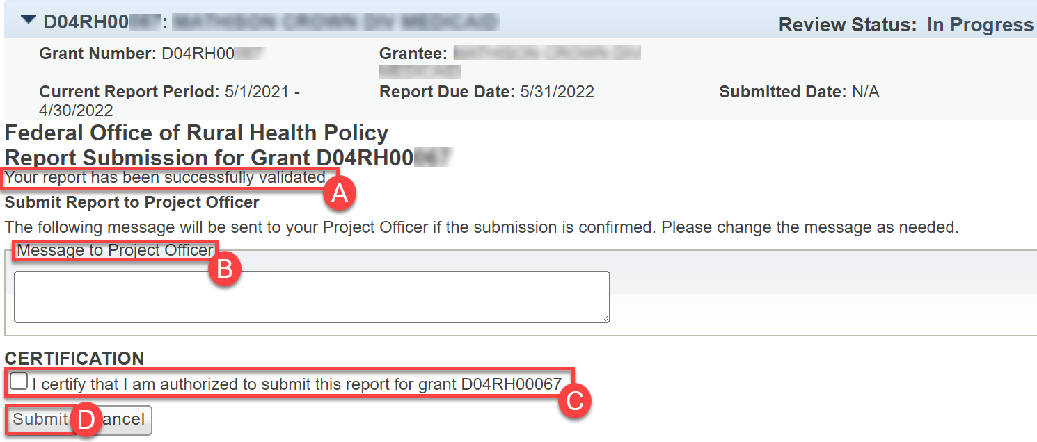 Screenshot of Submission Validation and Certification page highlighting Report Submitted Successfully and Confirmation number, a certification checkbox and the submit button.. 