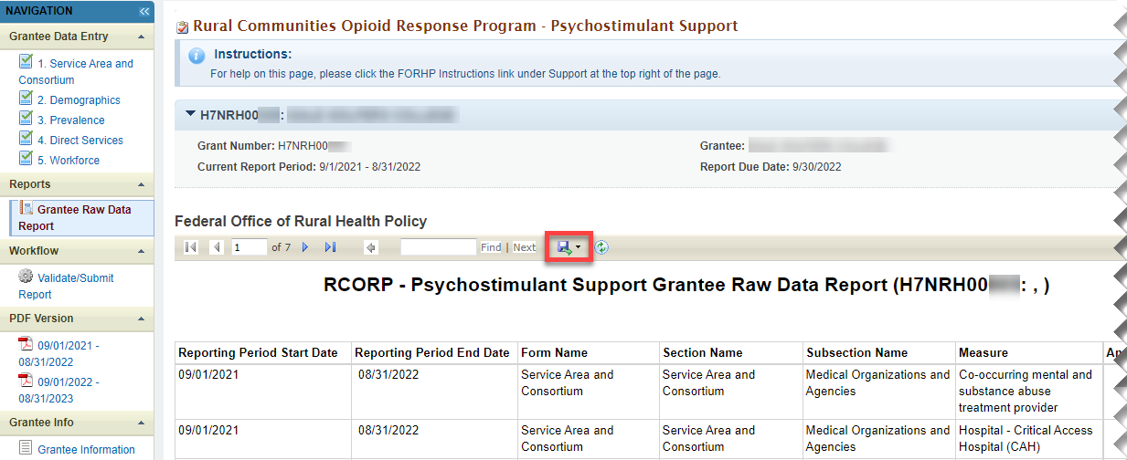 Screenshot of Grantee Raw Data Report with Export button highlighted.