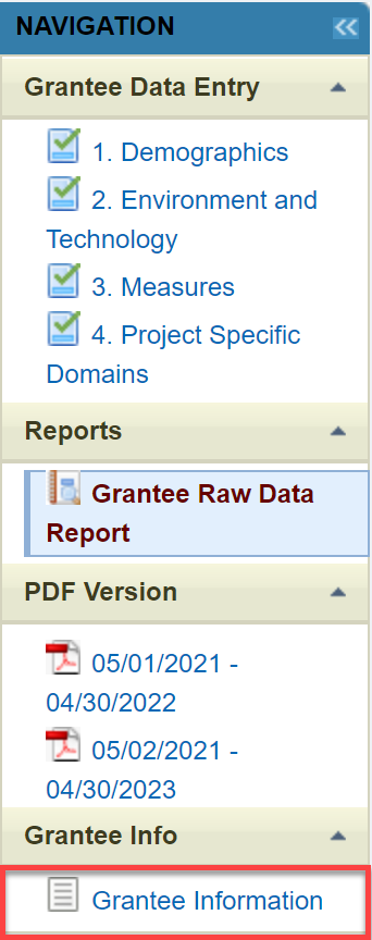 Screenshot of Left Navigation bar with Grantee Information highlighted.