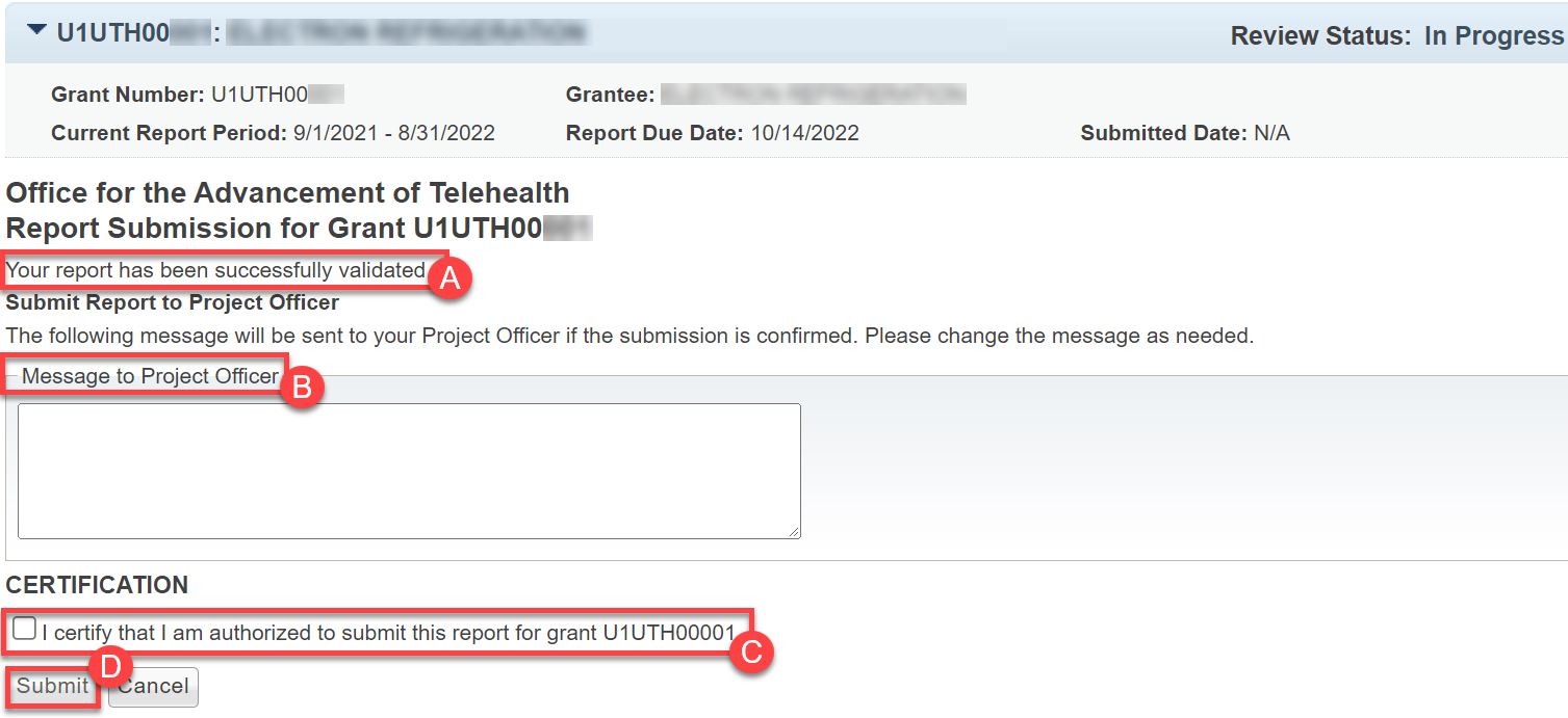 Screenshot of Submission Validation confirmation message