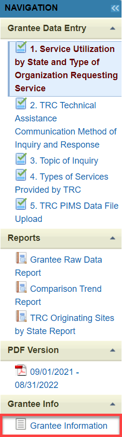Screenshot of the Left Navigation bar with Grantee Information section highlighted