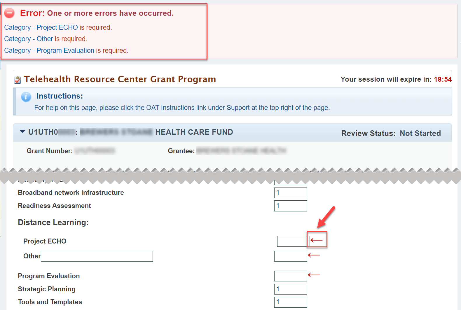 Screenshot of the TRC Grant Program page showing errors