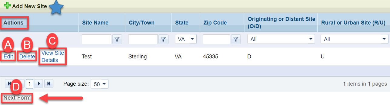 Screenshot of Site list page highlighting Edit Link, Delete Link, View Site Details button, and next form button
