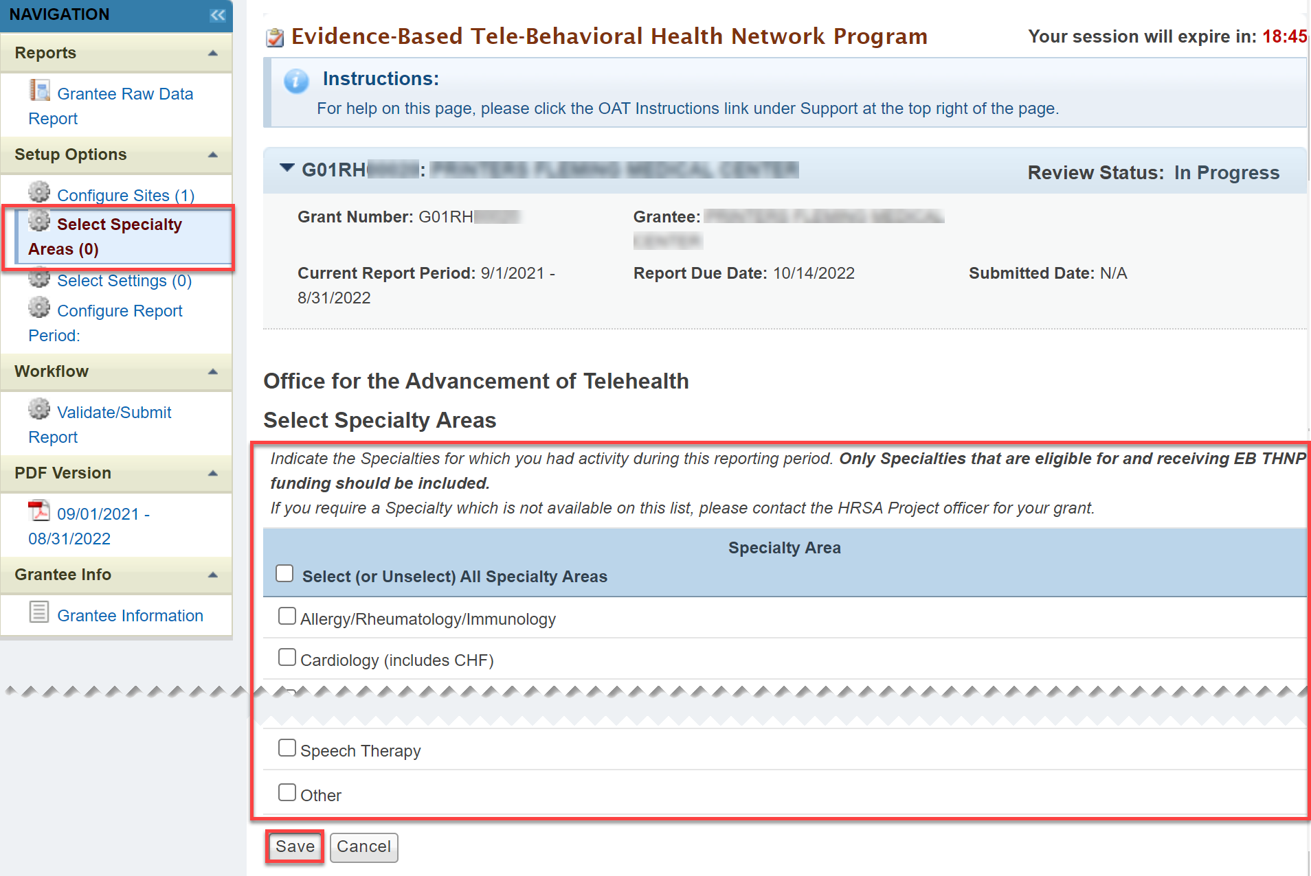 Screenshot of Select Specialty Area Configuration for highlighting directions, checkboxes and the Save button