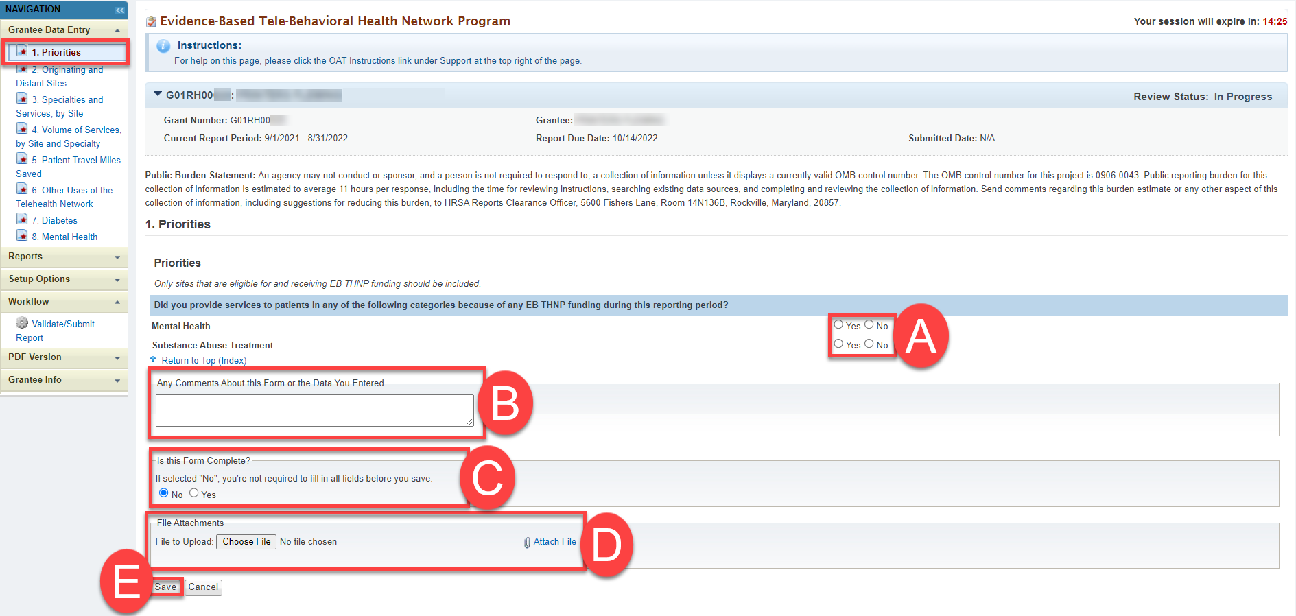 Screenshot of Priorities Report Form with highlights of comments field, answer fields, attach file, and Save button.