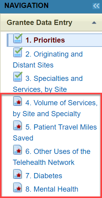 Screenshot of Left Navigation bar highlighting forms that need to be worked on and the red star that indicates this