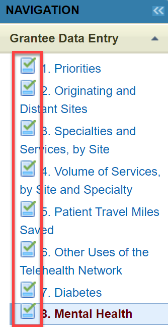 Screenshot of Left Navigation bar highlighting green checkmarks necessary to validate and submit