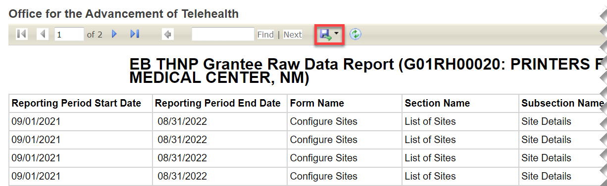 Screenshot of Grantee Raw Data Report highlighting the Export button