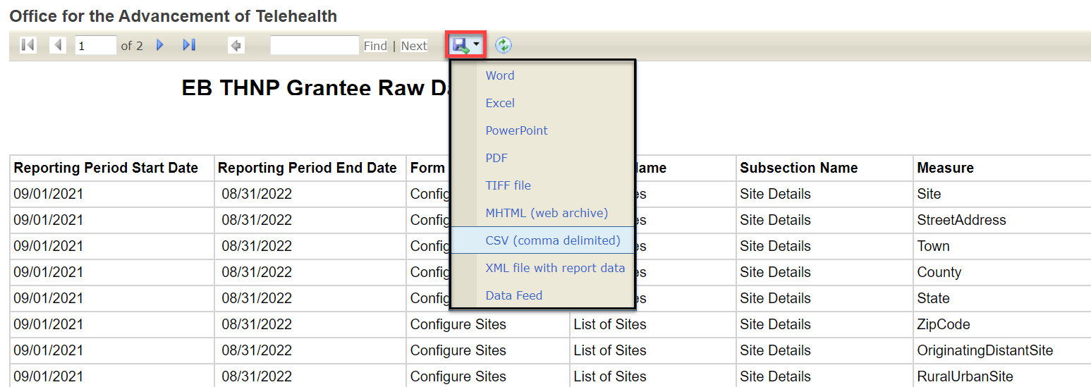 Screenshot of Grantee Raw data page with view of dropdown menu showing export choices