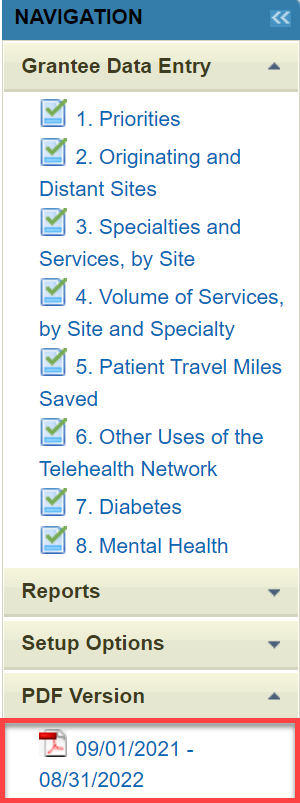 Screenshot of Left Navigation bar highlighting PDF version button