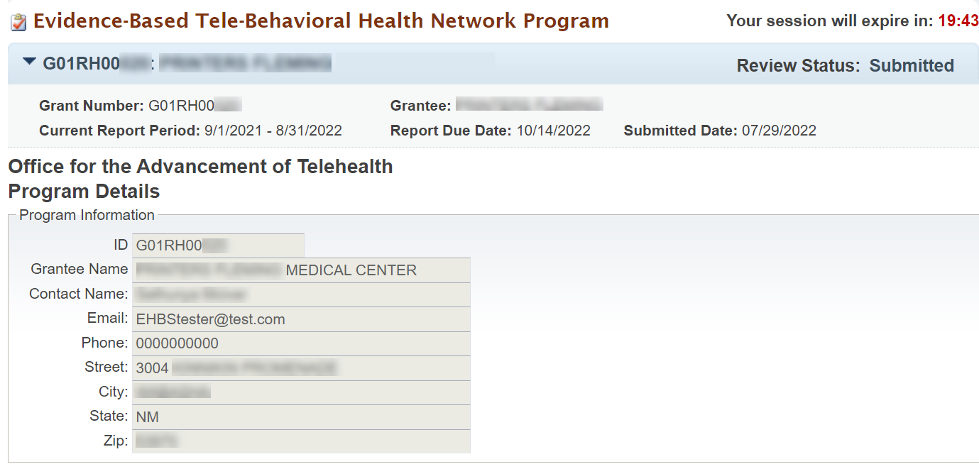 Screenshot of Grantee information page showing read only view of program details