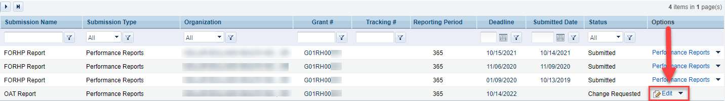 Screenshot showing Submissions All page highlighting the Edit button in the Options Column