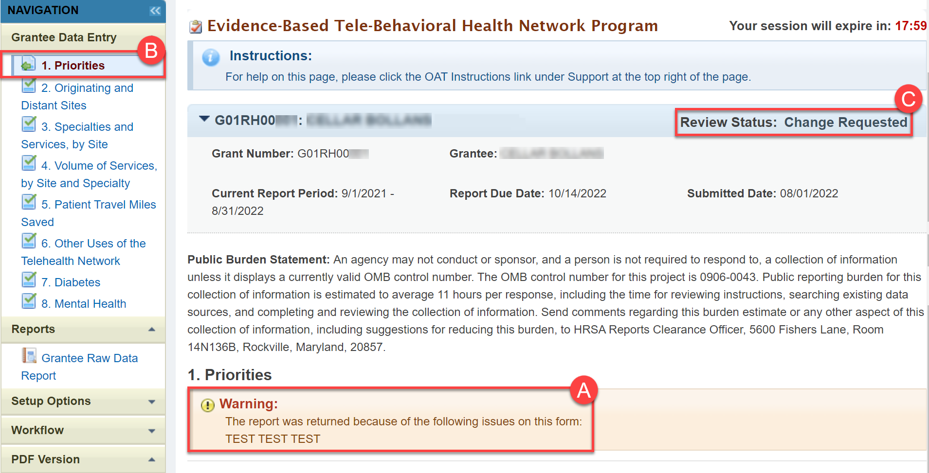 Screenshot Grantee Data Entry page highlighting of Change Requested message and indicators.