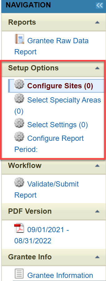 Screenshot of Left Navigation bar highlighting the Configuration Sites form page