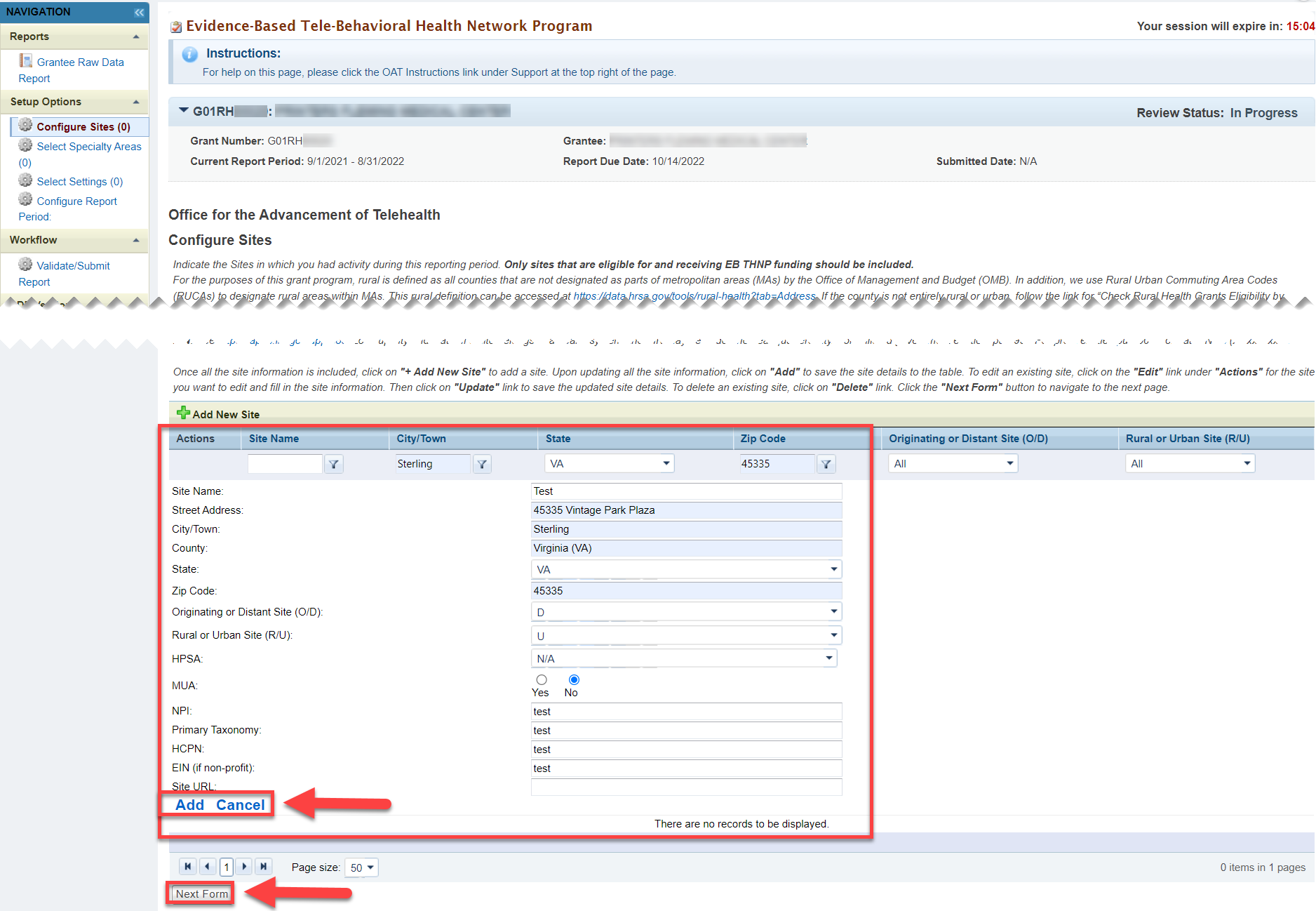 Screen shot highlighting Configuration Sites information fields, Add button, and Next Form button