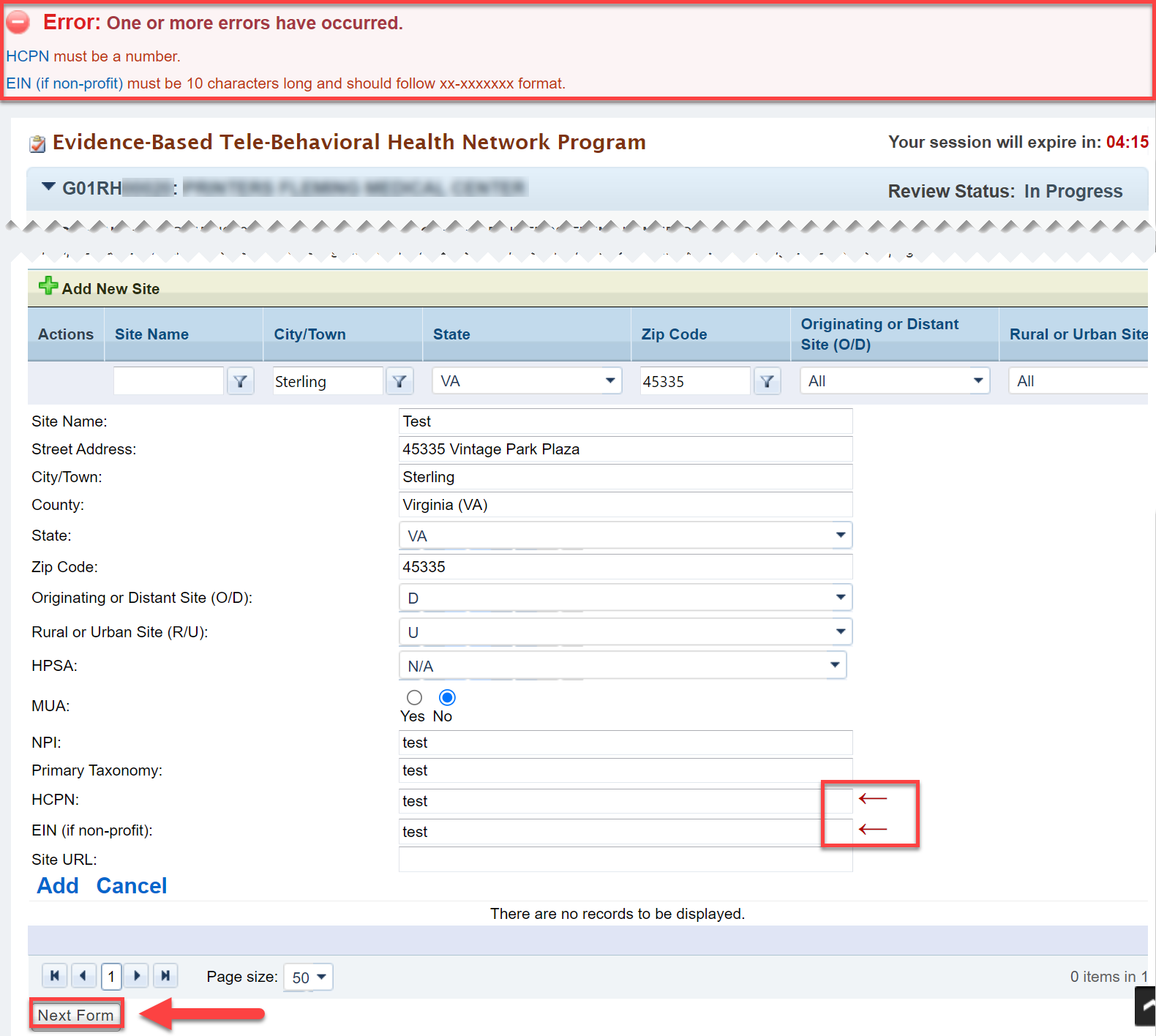 Screenshot highlighting the Validation Error Message and indicator arrows