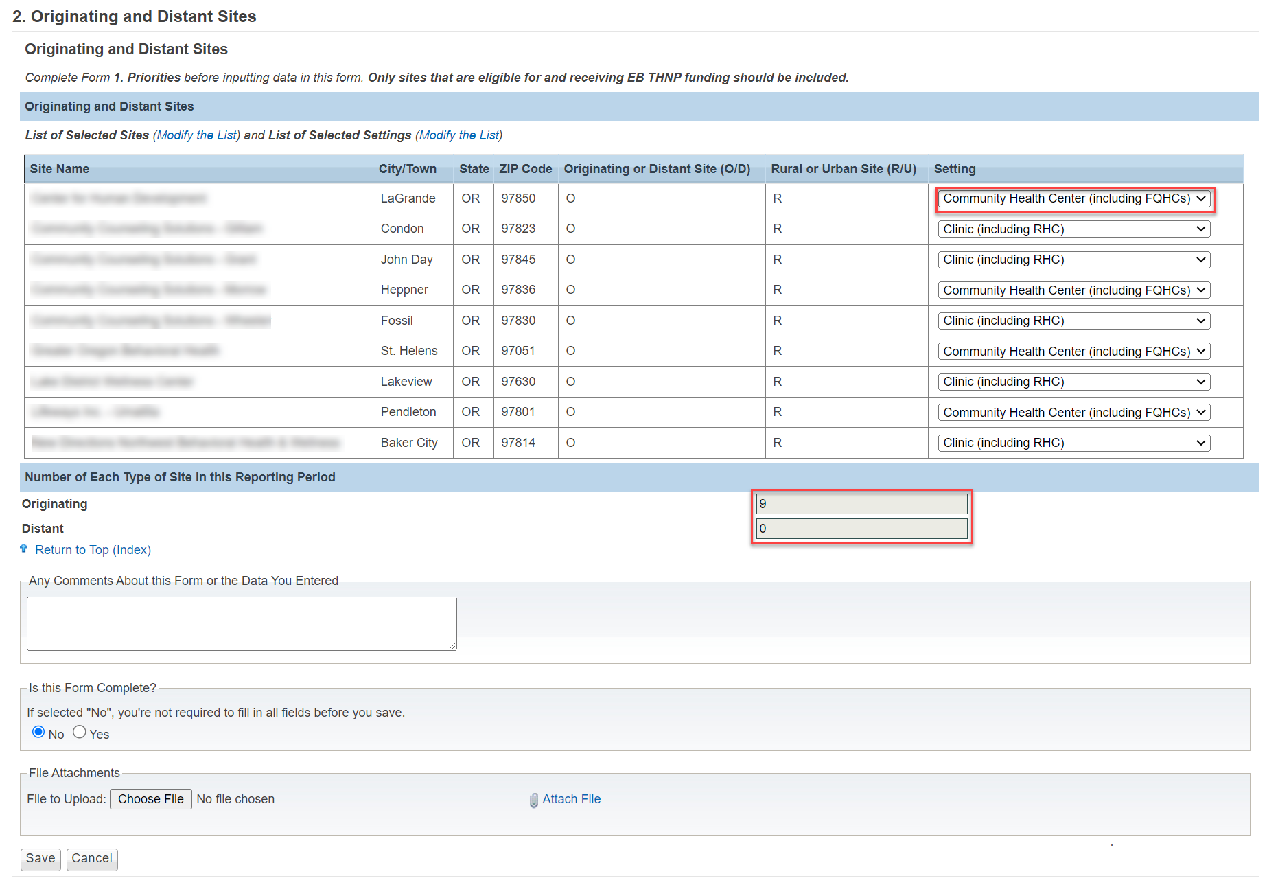 Screenshot of Form 2 Originating and Distant Sites