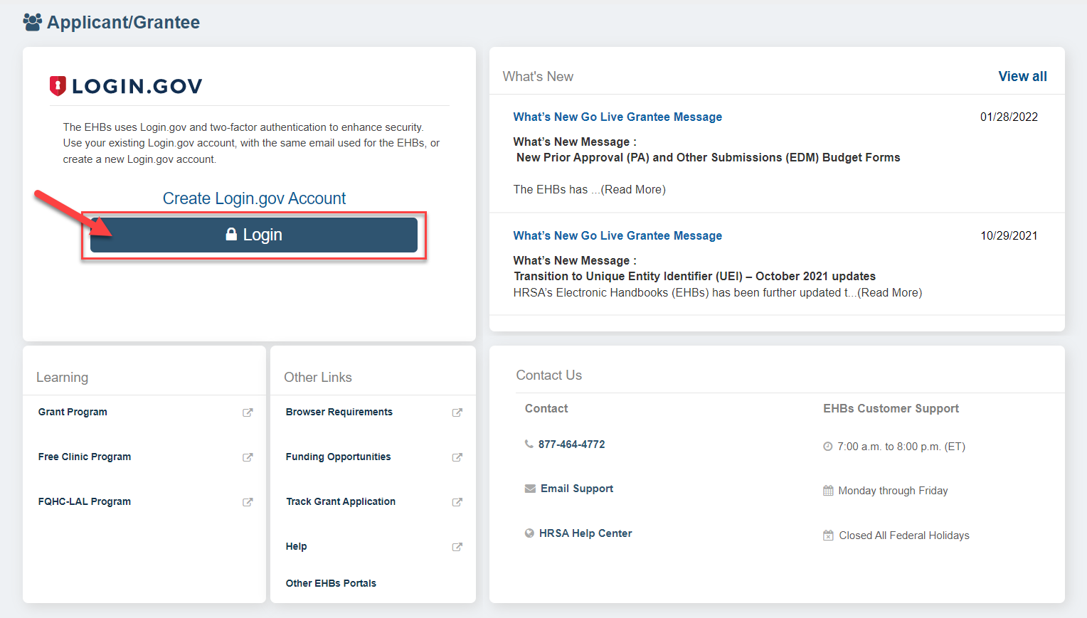 Screenshot of the EHBs login page