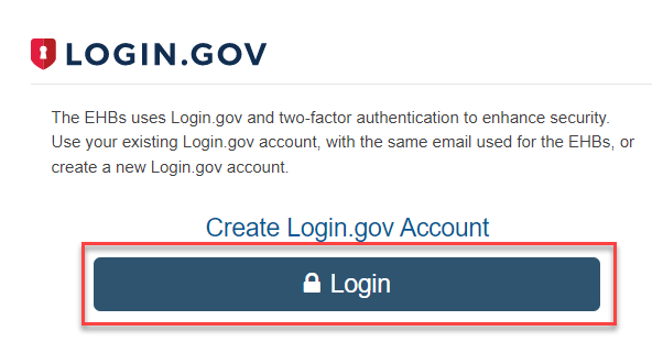 Screenshot of the EHBs login page for service providers showing the Login.gov section with the Login button