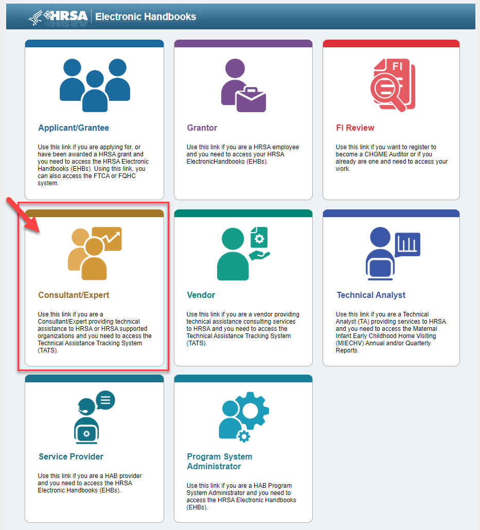 Screenshot of the EHBs landing page showing the Consultant Expert card