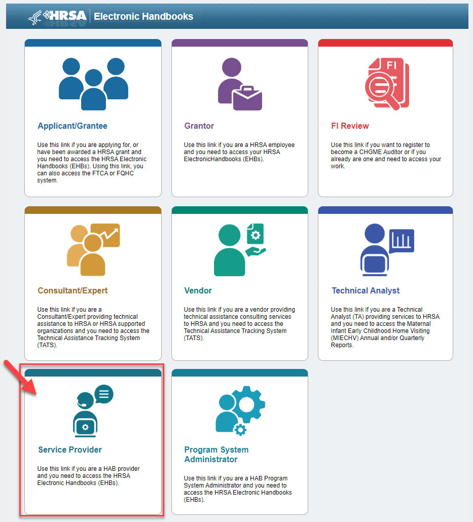 Screenshot of the EHBs landing page showing the Service Provider page
