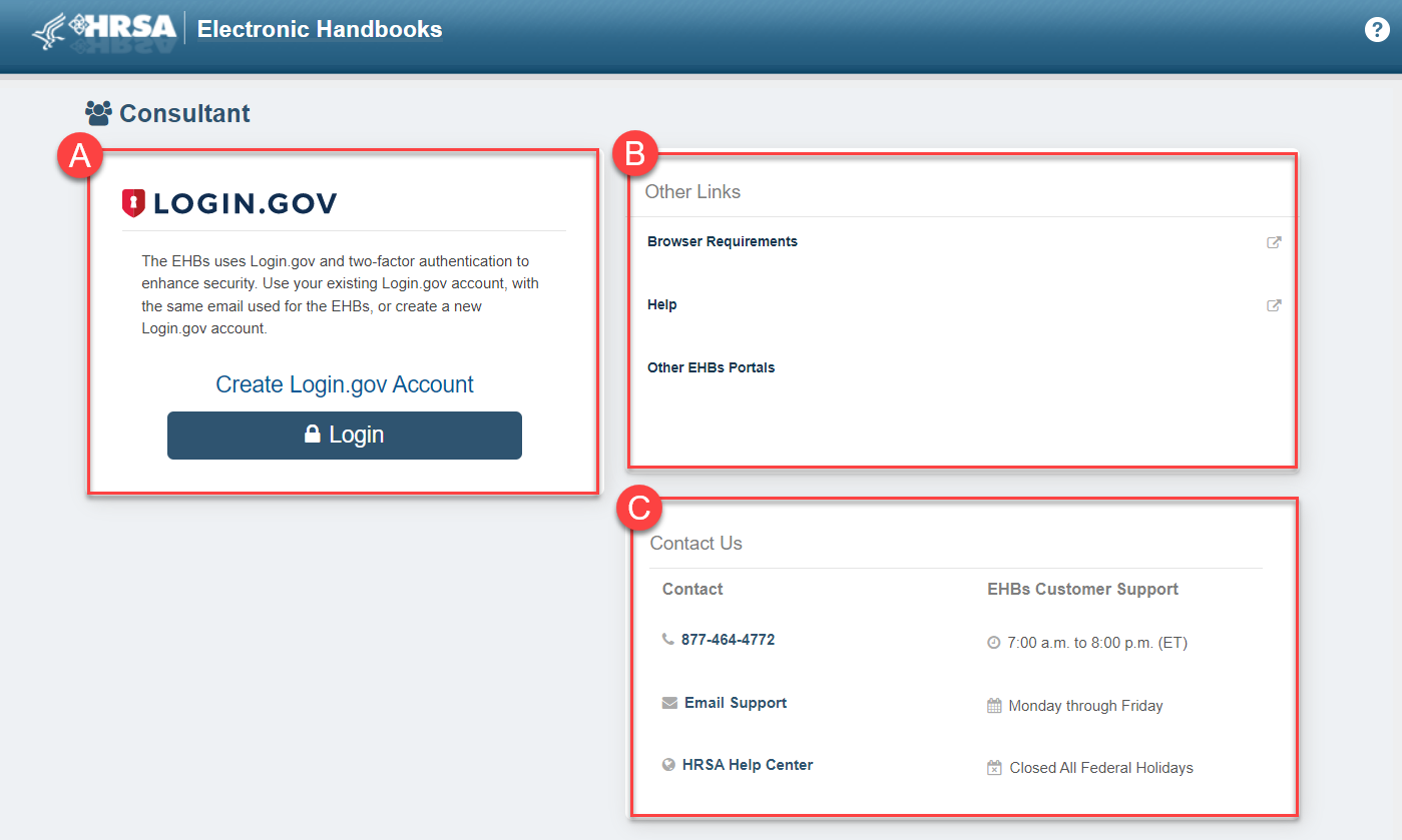 Screenshot of the EHBs login page for Consultants
