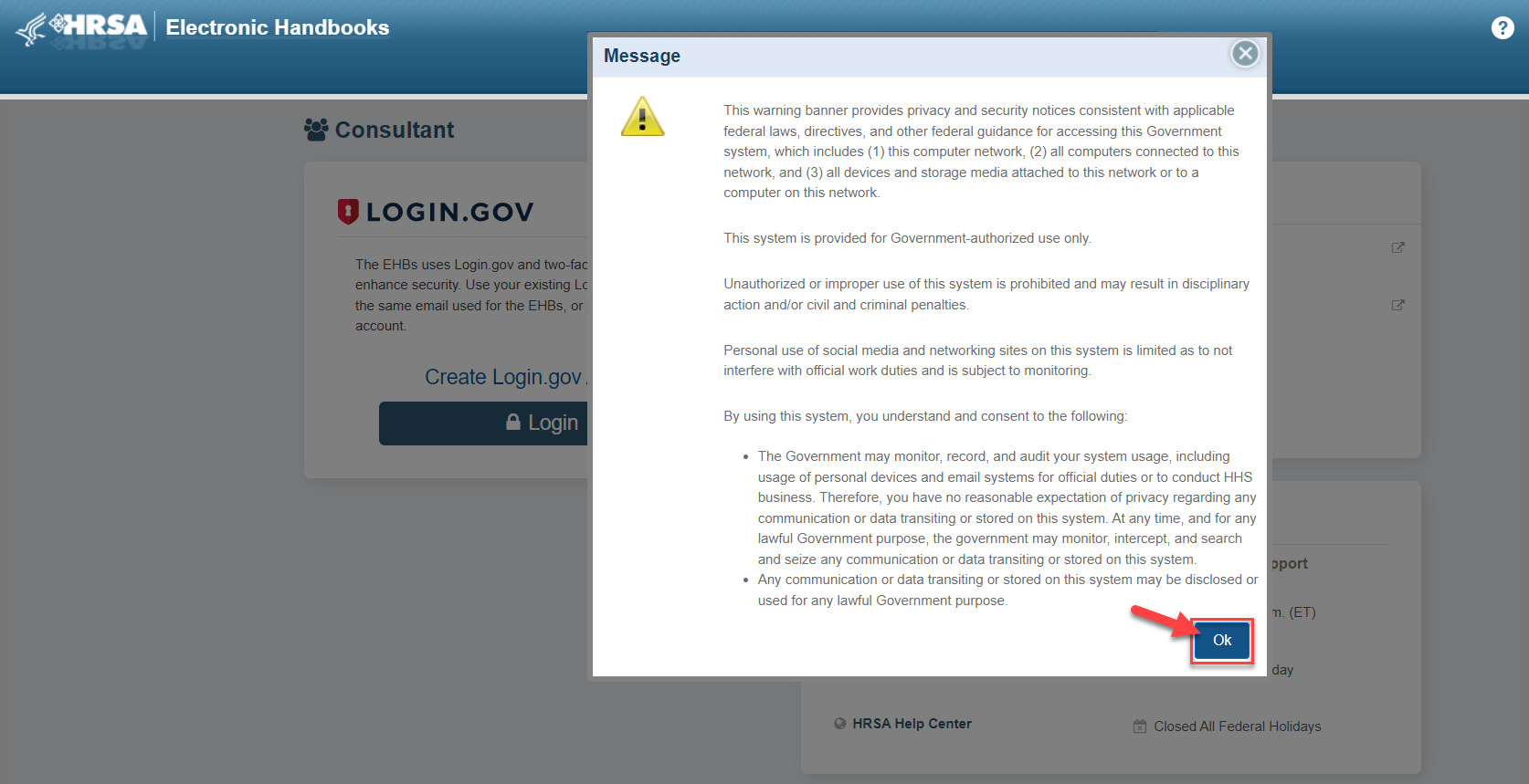 Screenshot of the EHBs privacy warning message