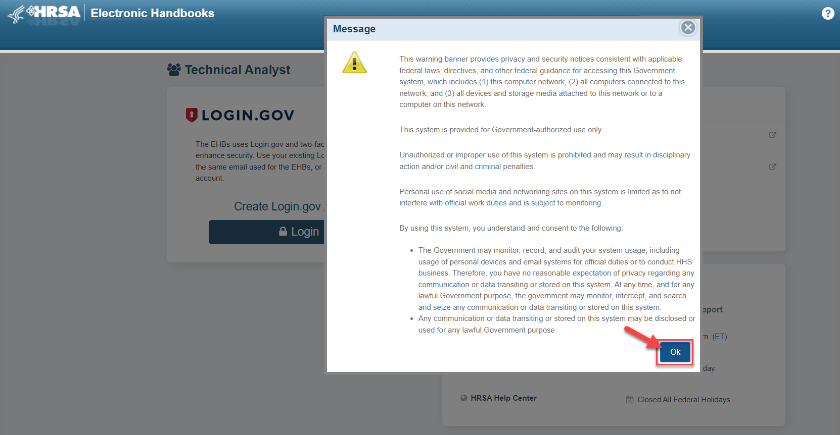 Screenshot of the EHBs privacy warning message