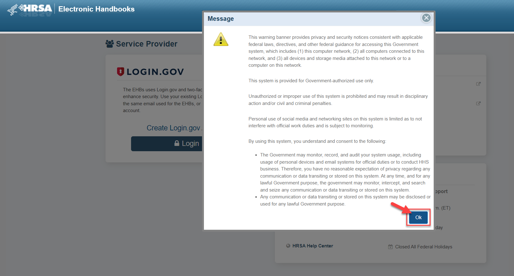 Screenshot of the EHBs privacy warning message