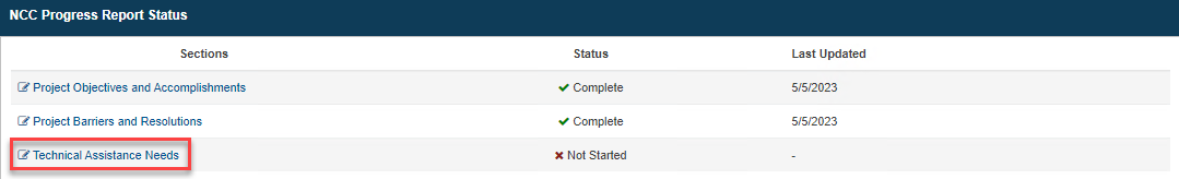 Screenshot of Technical Assistance Needs Action