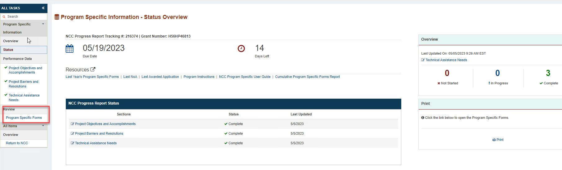 Screenshot of Program Specific Forms review page