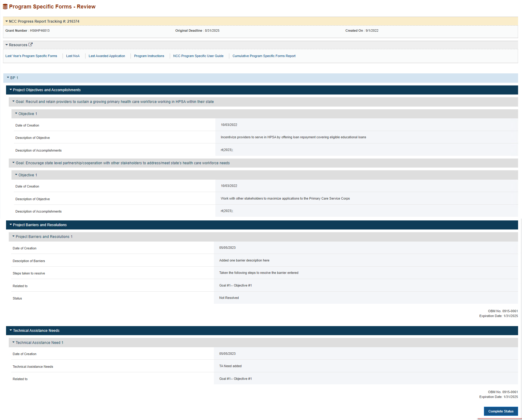 Screenshot of Program Specific Forms review page displayed