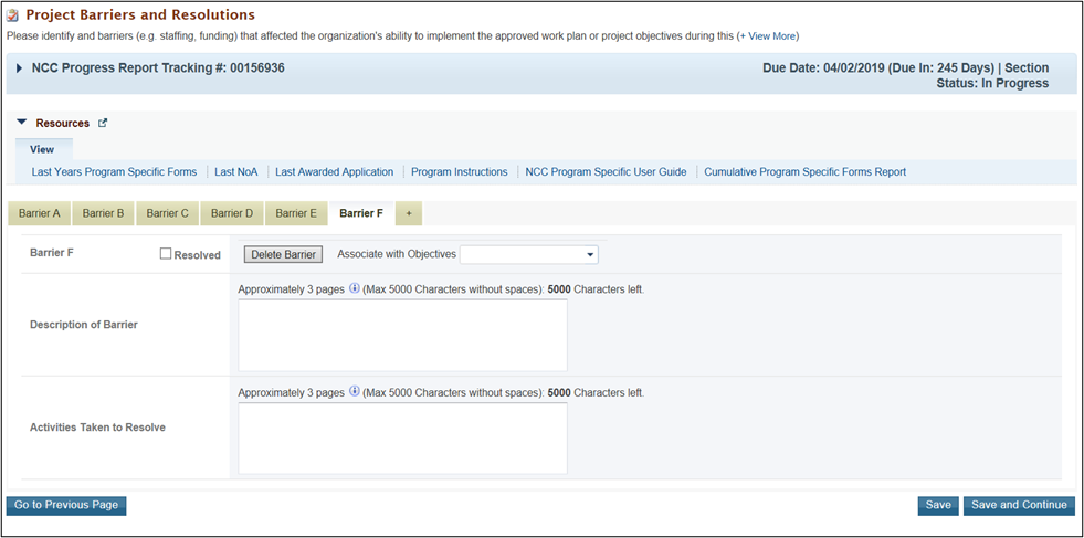 Screenshot of Updating project barriers and resolutions apge
