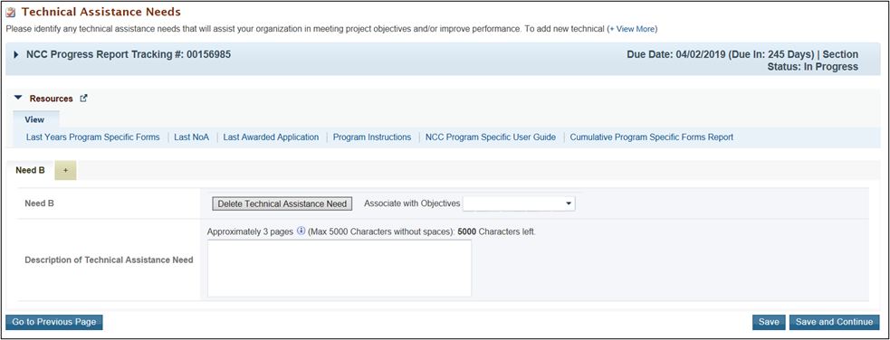 Screenshot of Updating Technical Assistance Needs