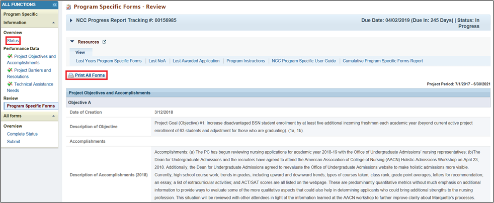 Screenshot of Review Program specific forms