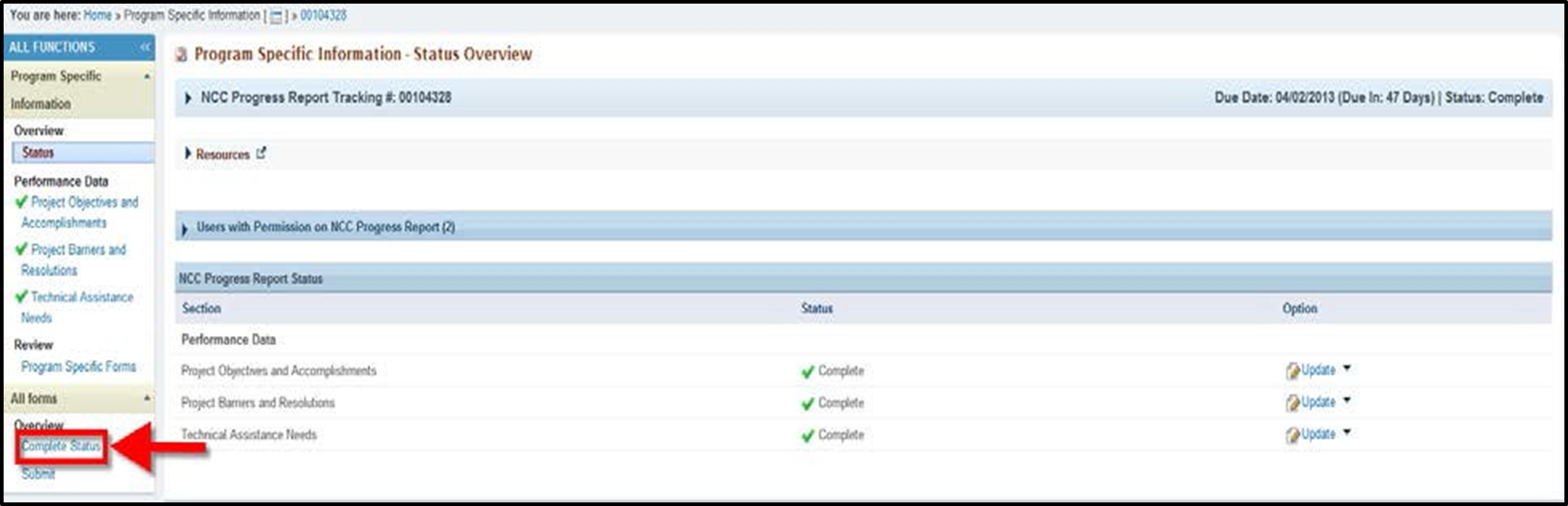 Screenshot of Program specific information status overview complete status action