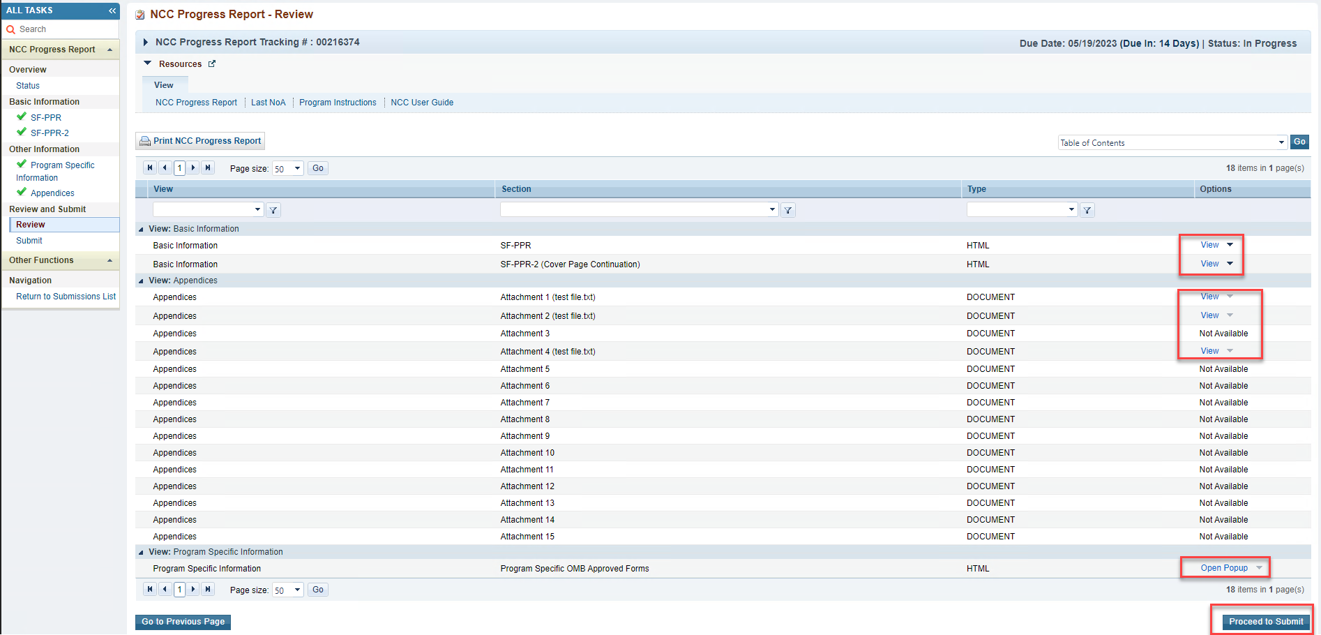 NCC Progress report review page